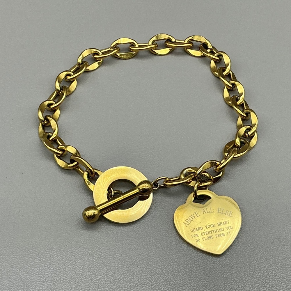 Proverbs 4:23 Heart Charm Toggle Bracelet Women Gold Tone Religious Jewelry